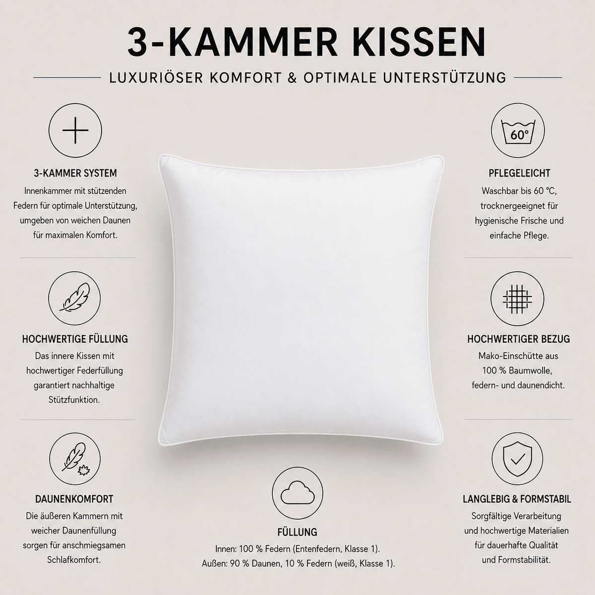 Hochwertiges 3-Kammer-Kissen in Hotelqualität