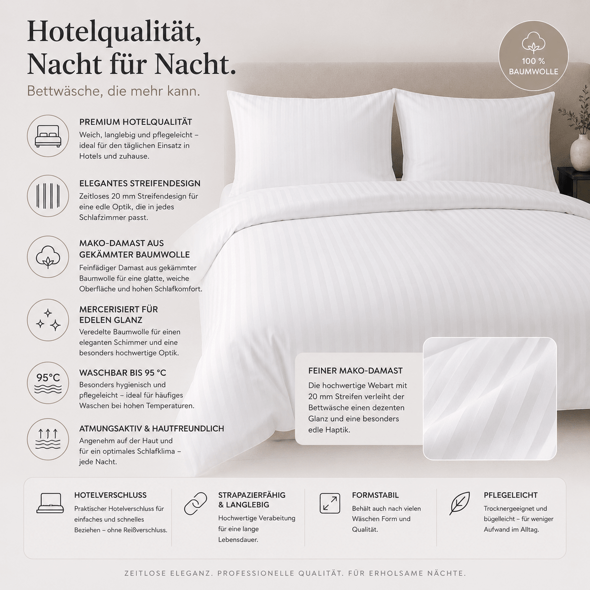 Gestreifte Bettwäsche 135x200 Weiß – Baumwolle in Hotelqualität