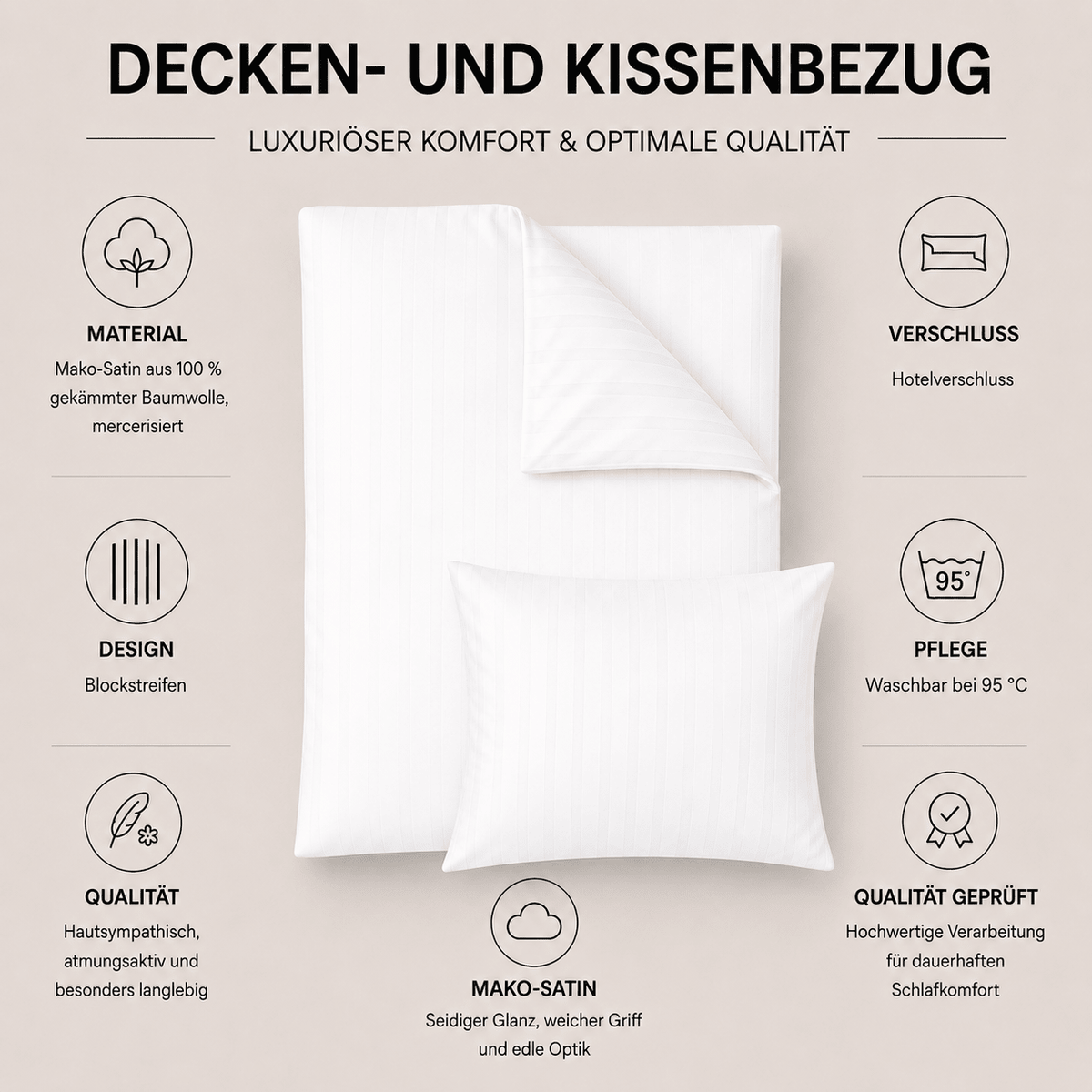 Hotelbettwäsche 200x200 weiß aus Mako-Satin-Baumwolle