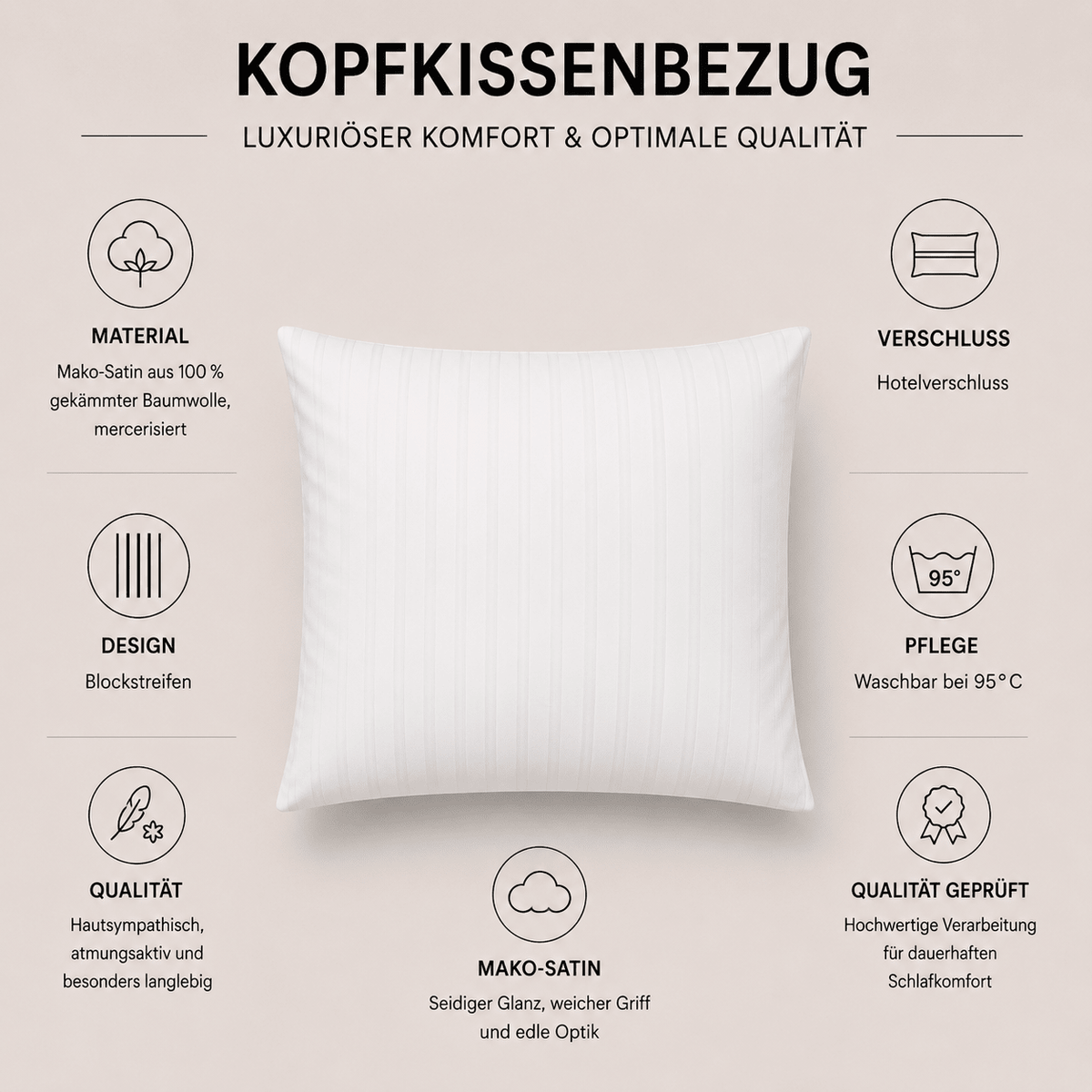 Kopfkissenbezug aus Mako-Satin-Baumwolle in weiß