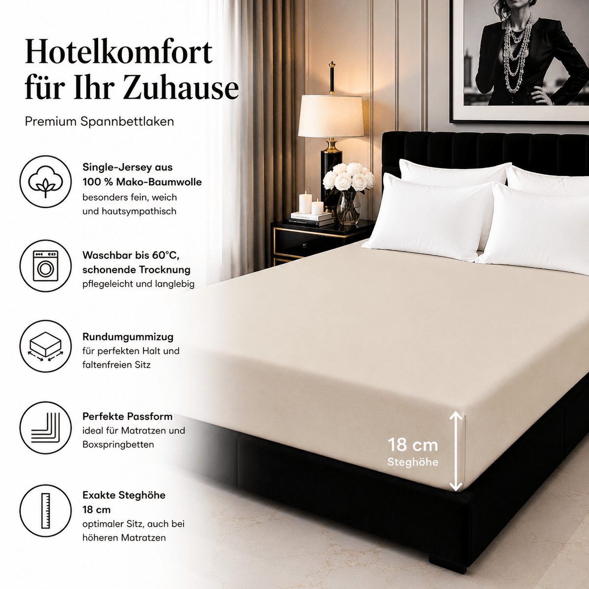 Spannbettlaken beige aus Jersey-Baumwolle mit 18 cm Steghöhe für Matratzenhöhe bis 18 cm in Hotelqualität