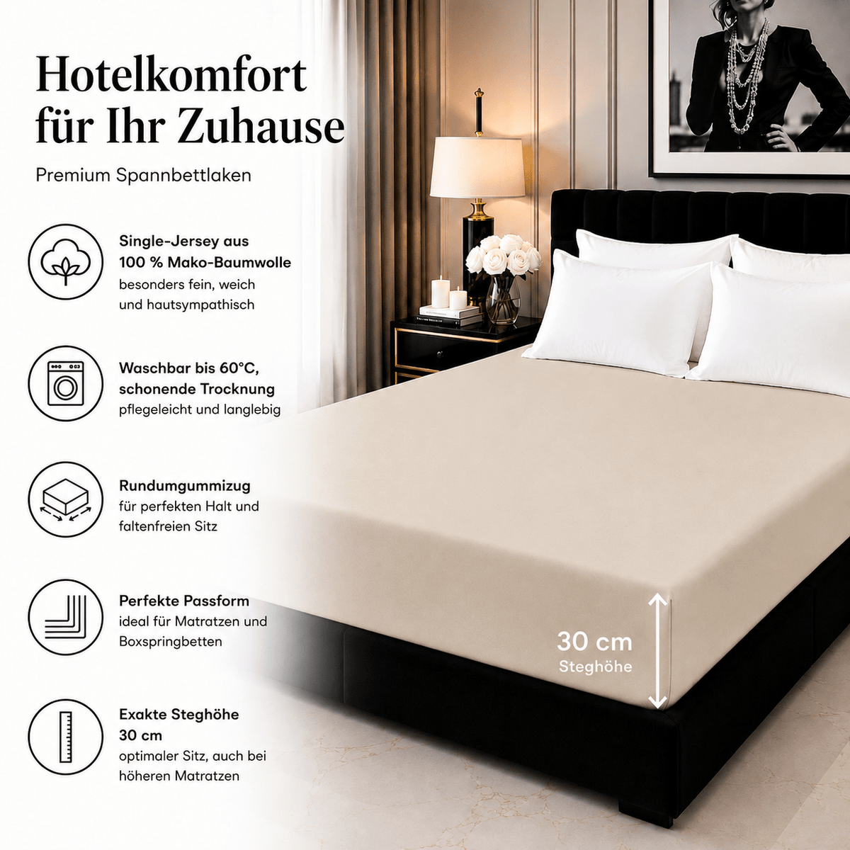 Spannbettlaken beige aus Jersey-Baumwolle mit 30 cm Steghöhe für Matratzenhöhe bis 30 cm in Hotelqualität