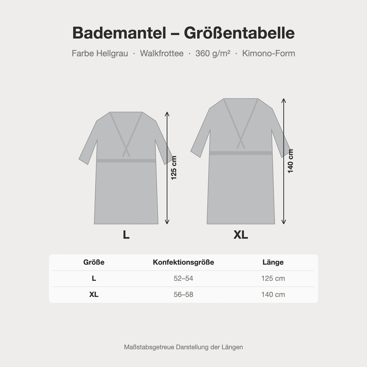 Größentabelle Bademantel hellgrau aus Walkfrottee in Kimono-Form: L, XL