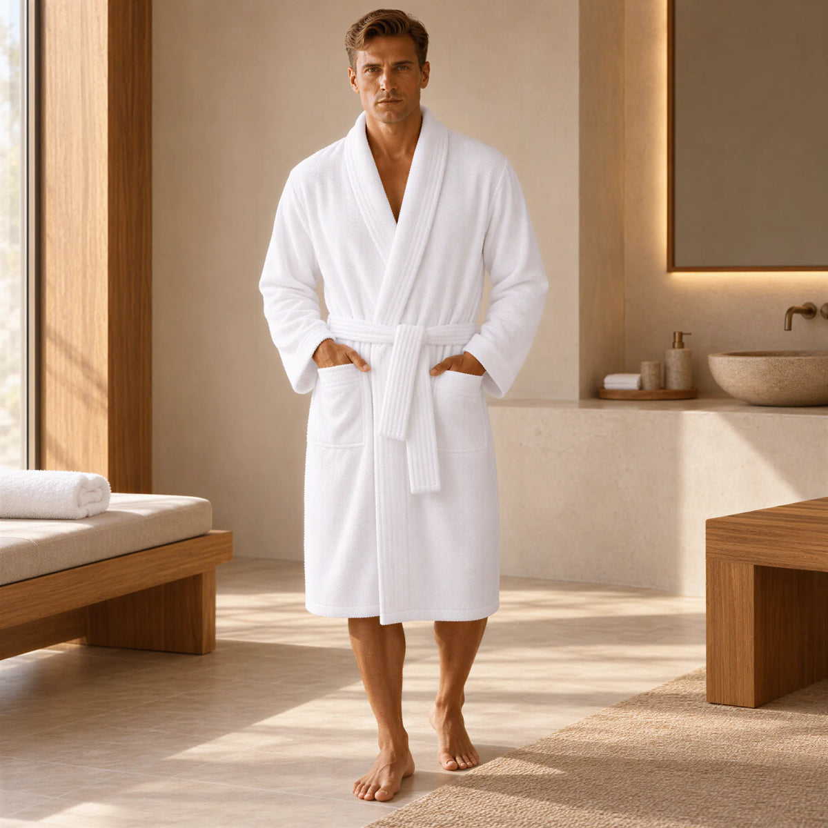 Bademantel weiß aus Walkfrottee in Kimono-Form – getragen im hellen Badezimmer
