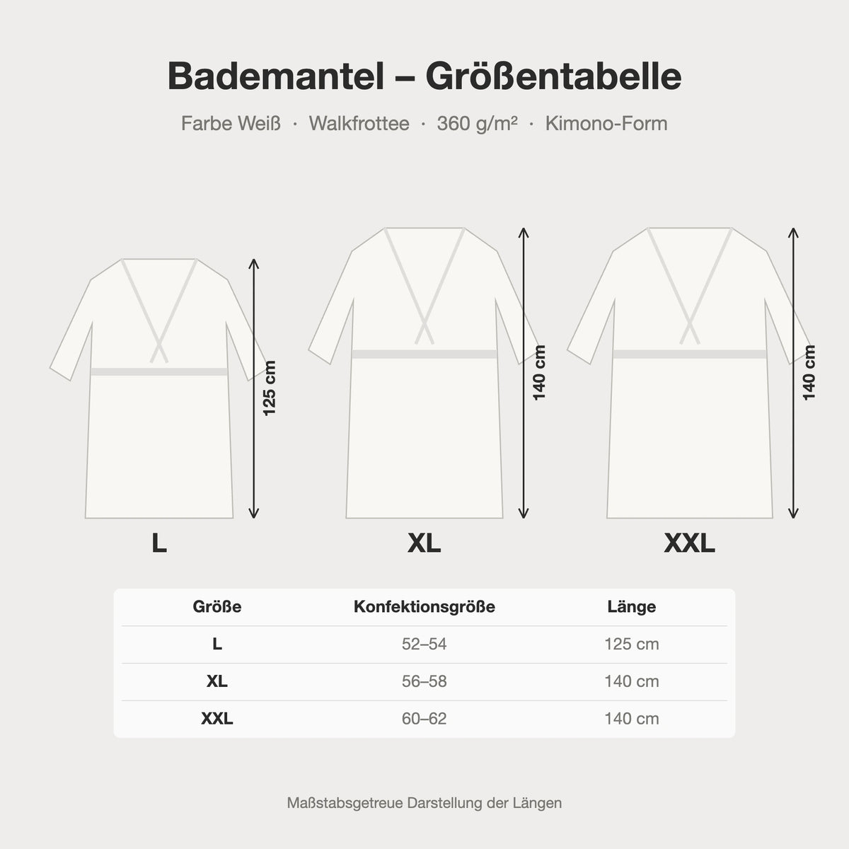 Größentabelle Bademantel weiß aus Walkfrottee in Kimono-Form: L, XL, XXL
