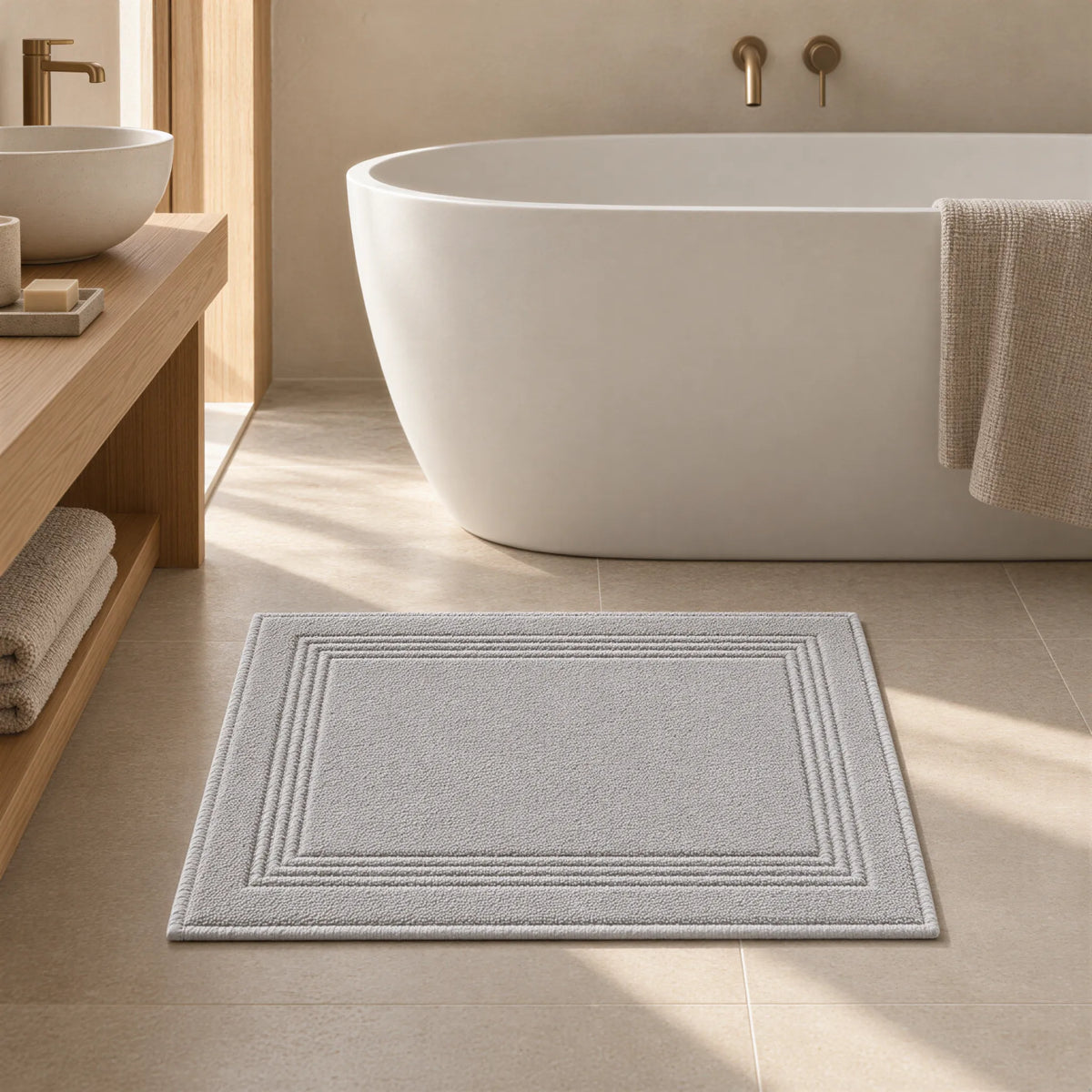 Badematte grau aus Zwirnfrottee im hellen Badezimmer