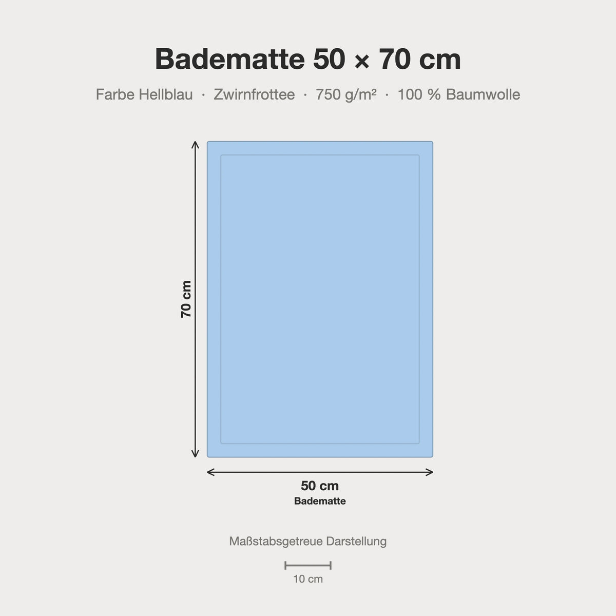 Größenvergleich: Badematte 50 x 70 cm in hellblau – maßstabsgetreue Infografik