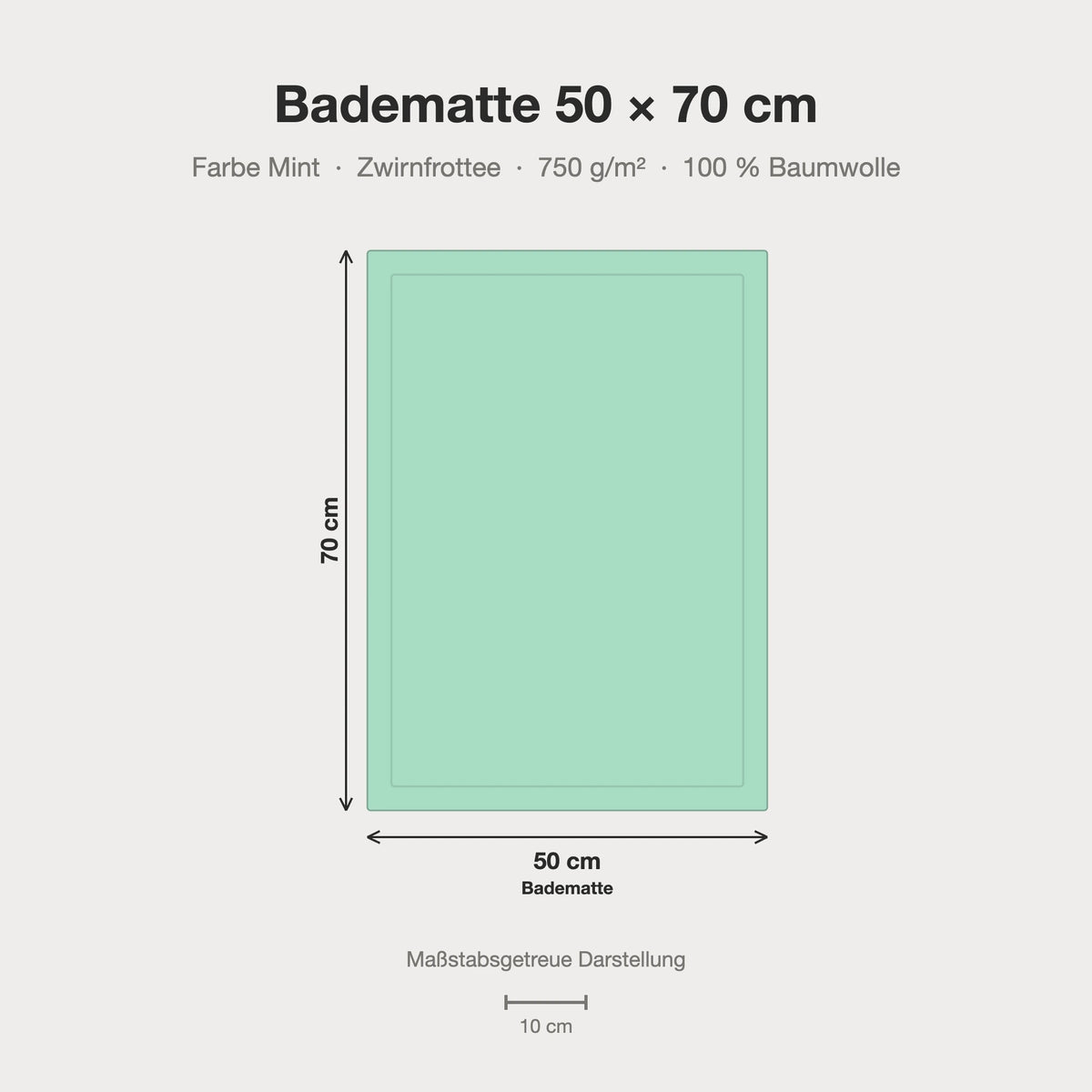 Größenvergleich: Badematte 50 x 70 cm in mintgrün – maßstabsgetreue Infografik