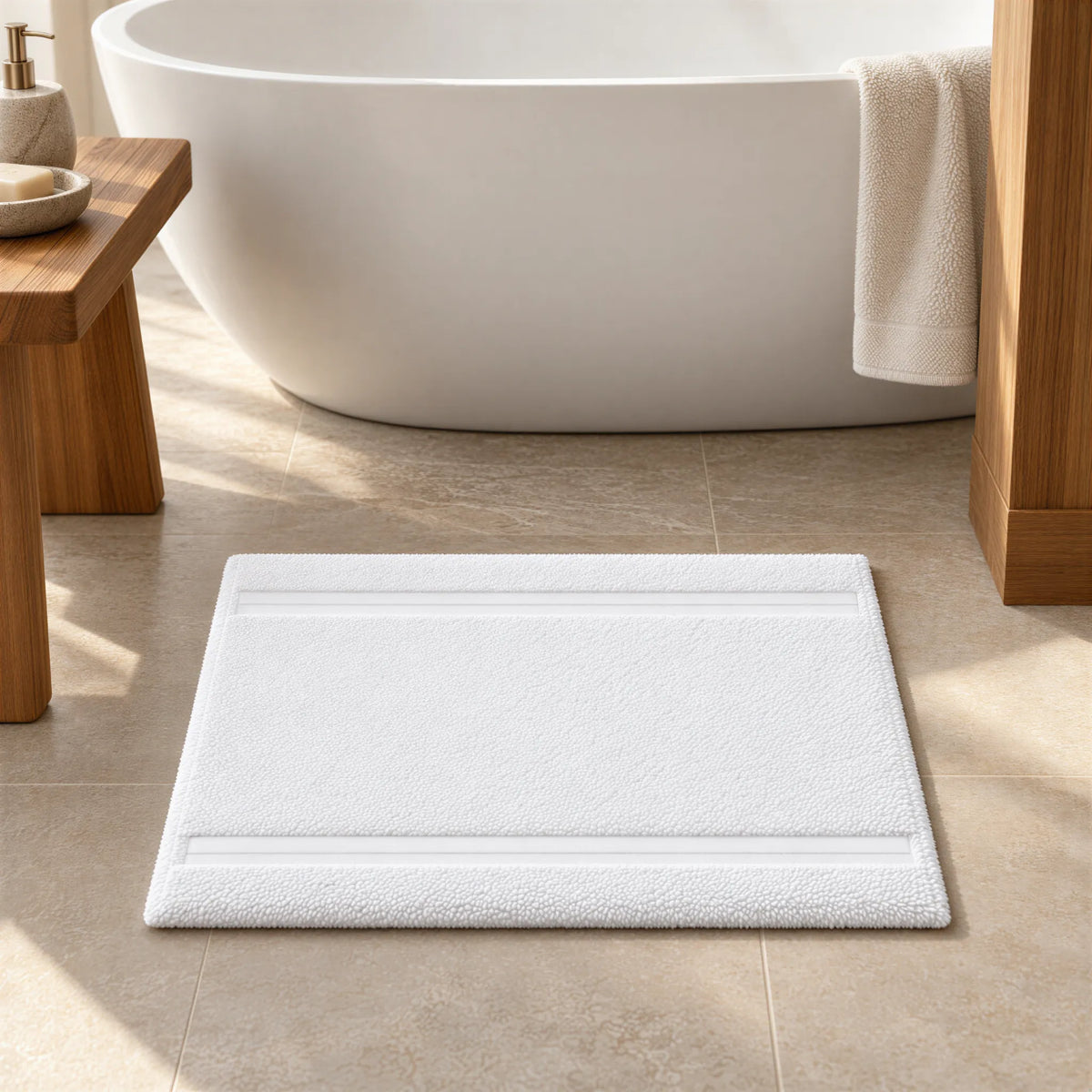 Badematte weiß im hellen Badezimmer