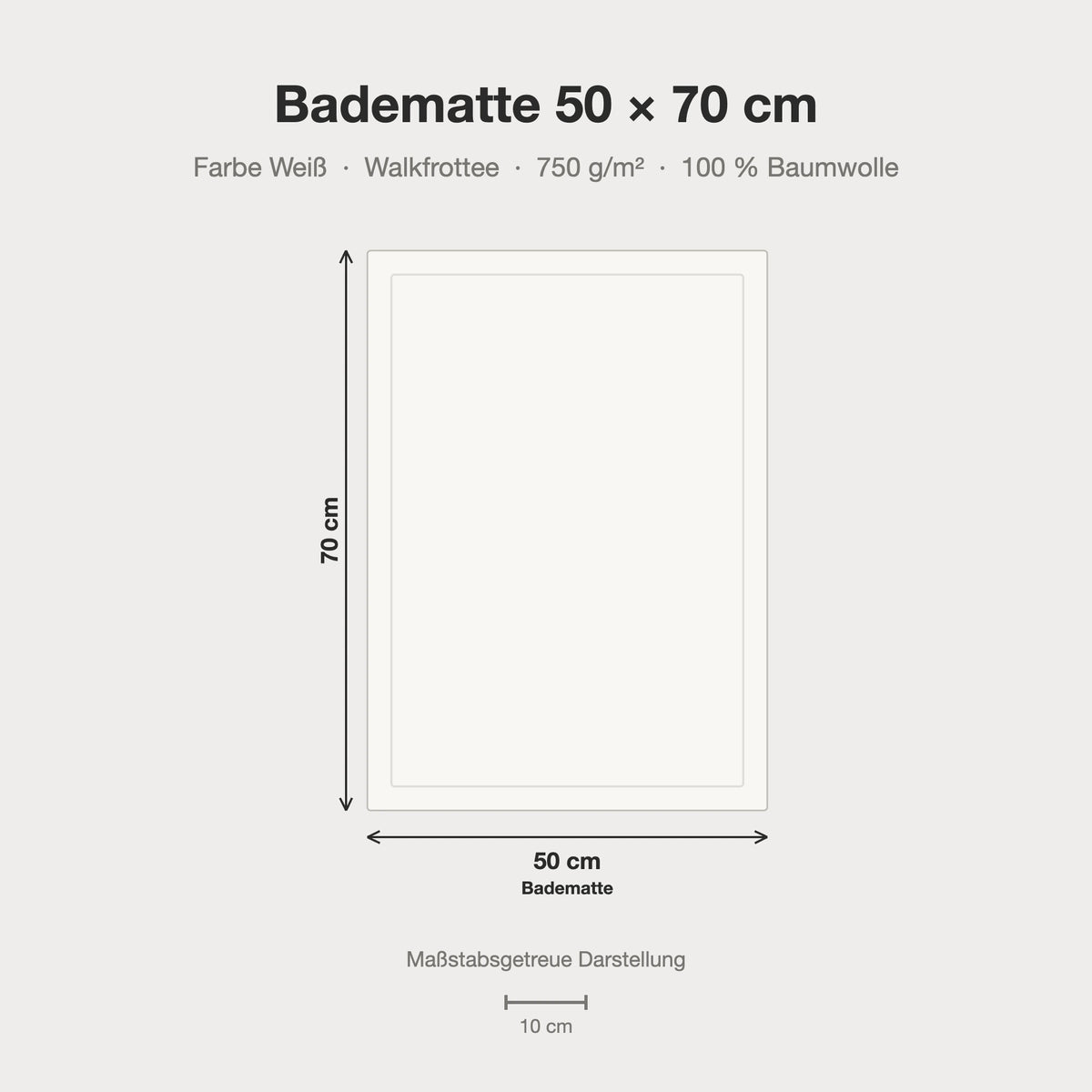 Maßstabsgetreue Größen-Infografik: Badematte 50 x 70 cm in weiß
