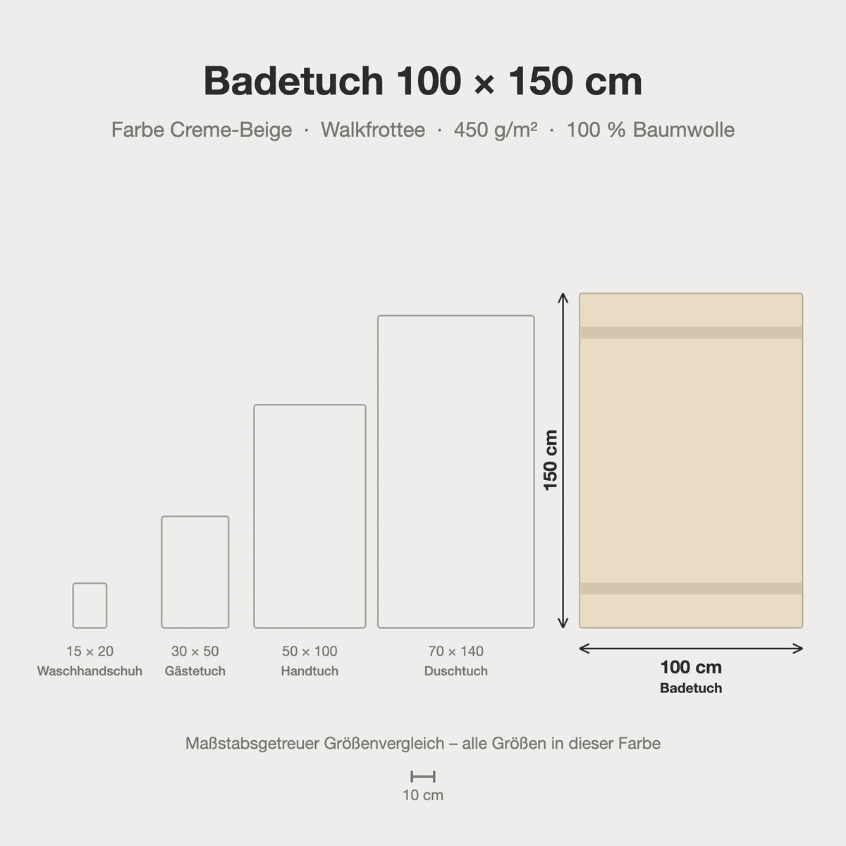 Größenvergleich: Badetuch 100 x 150 cm in Creme-Beige – maßstabsgetreue Infografik
