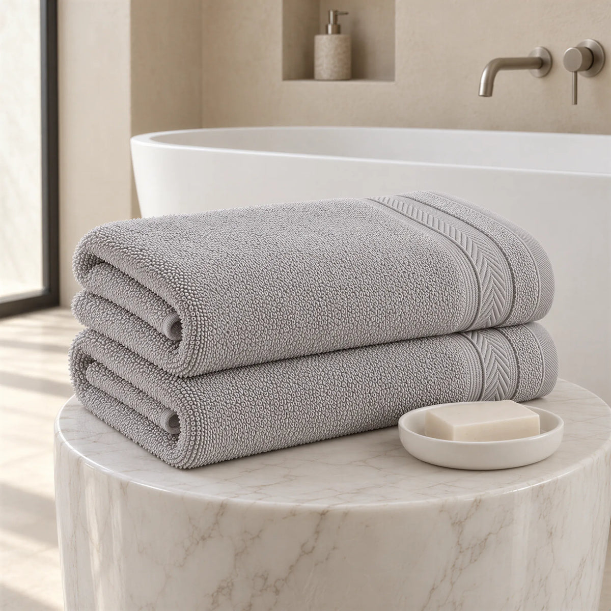 Badetuch Grau aus Walkfrottee im hellen Badezimmer