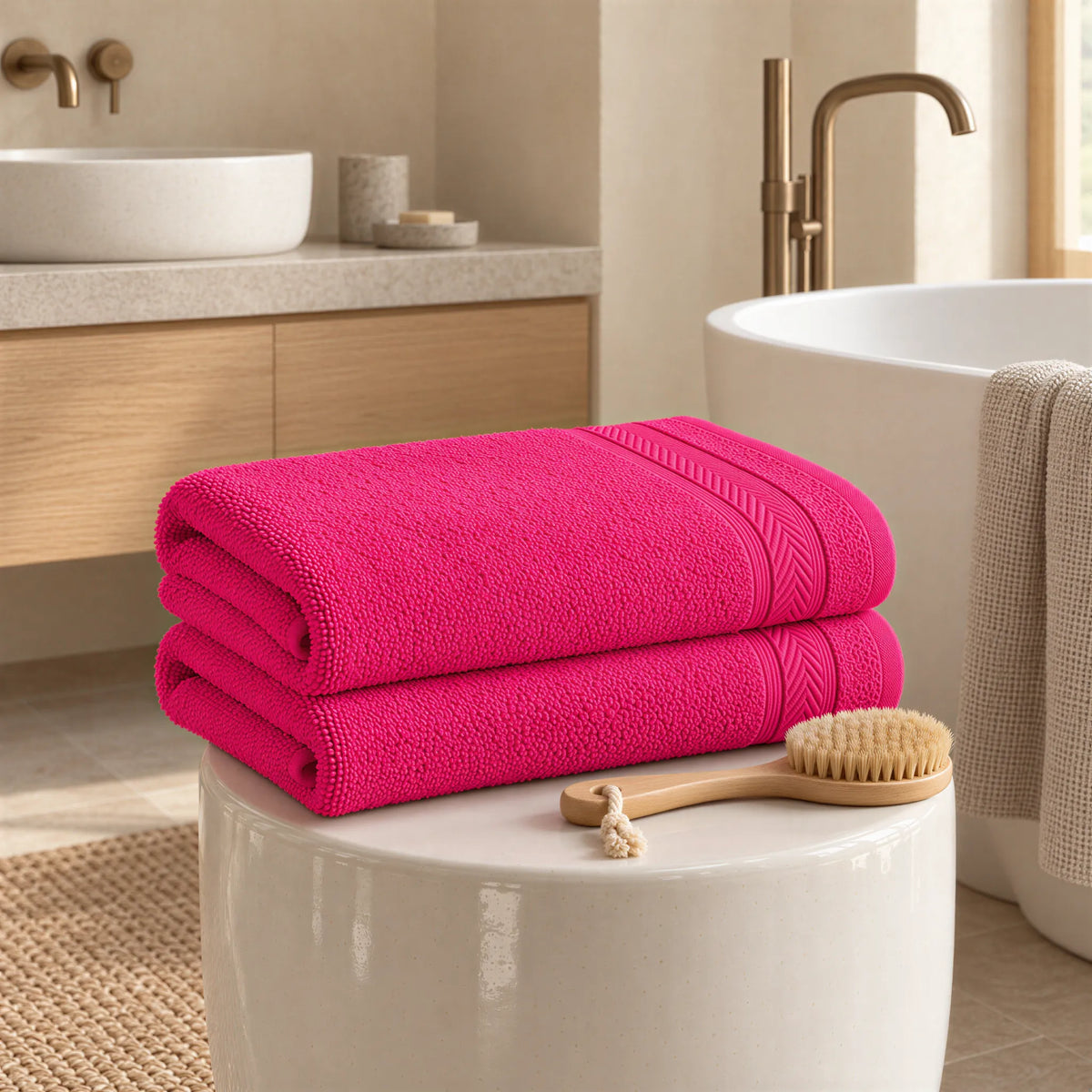 Badetuch Pink aus Walkfrottee im hellen Badezimmer