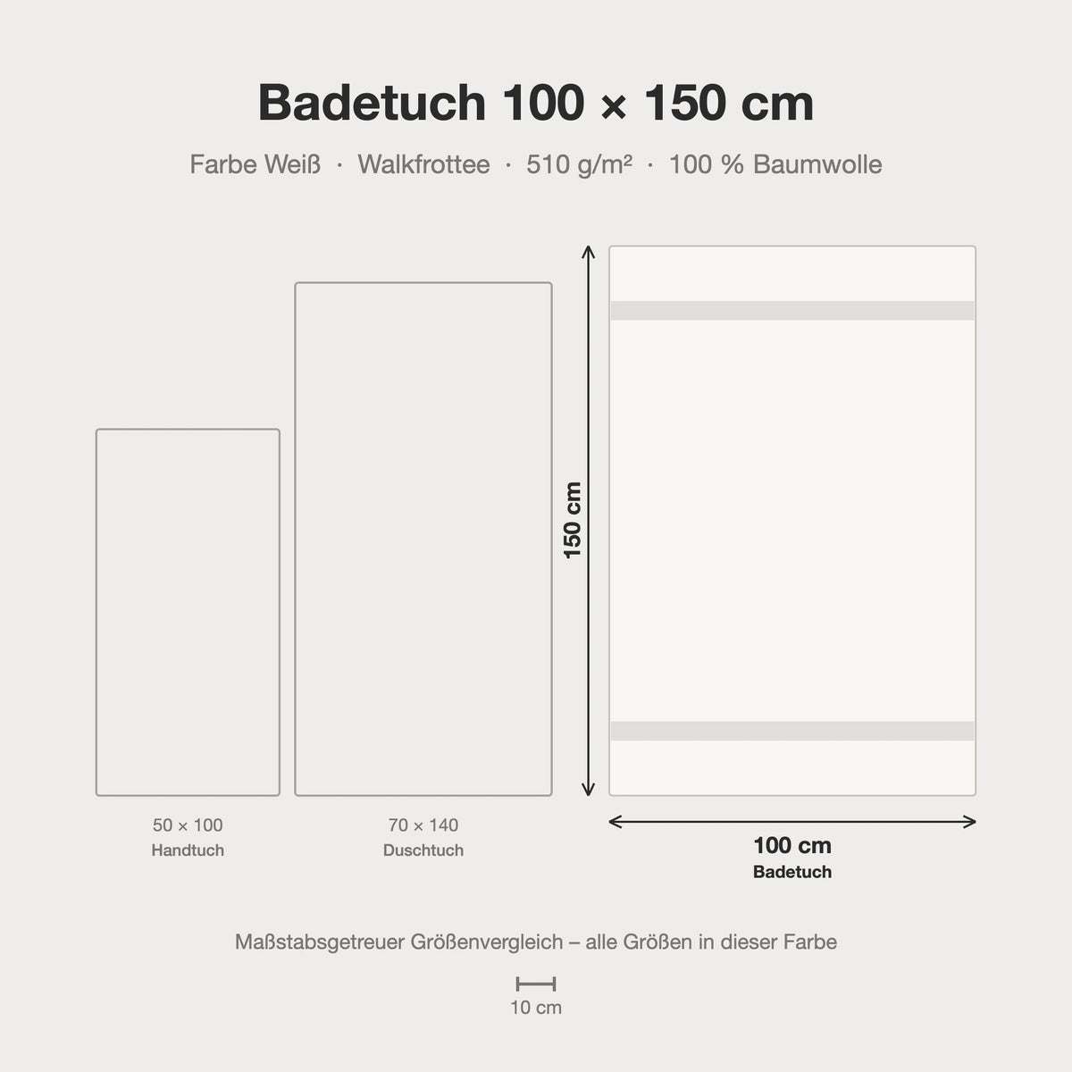 Maßstabsgetreue Größen-Infografik: Badetuch 100 x 150 cm in weiß
