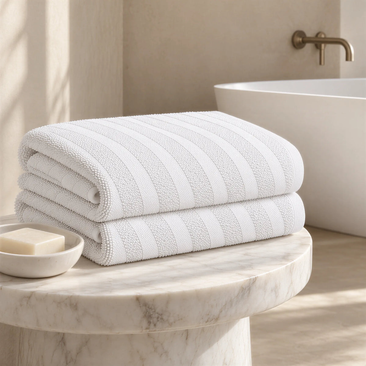 Badetuch weiß aus Zwirnfrottee im hellen Badezimmer