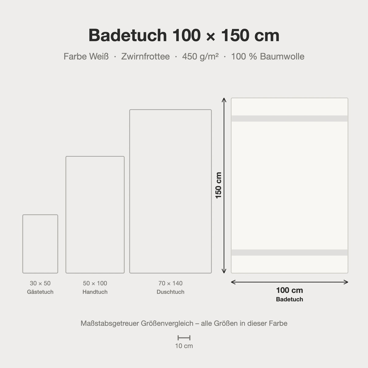 Größenvergleich: Badetuch 100 x 150 cm in weiß – maßstabsgetreue Infografik