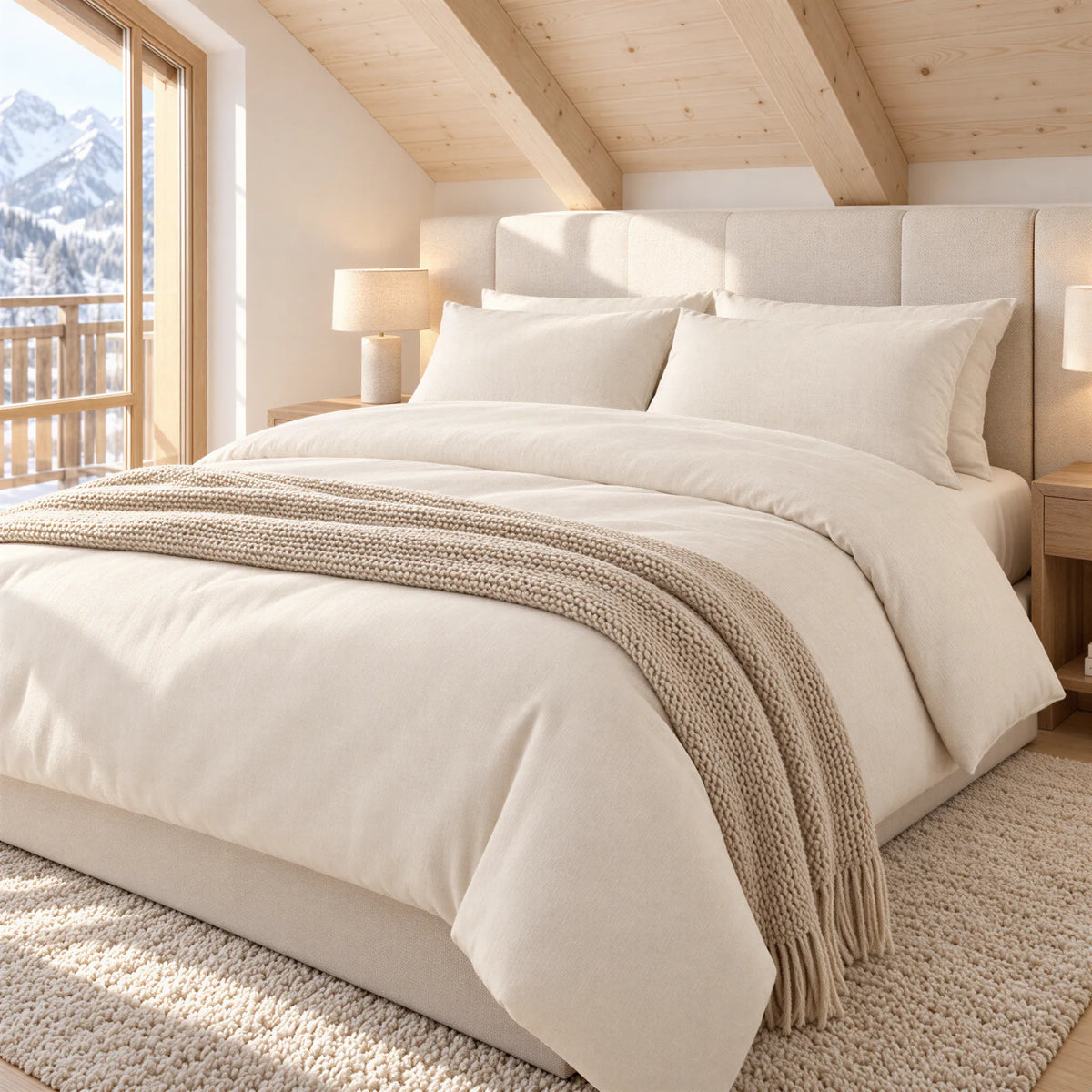 Bettbezug Baumwoll-Jersey natur – bügelfrei – bezogenes Bett im Schlafzimmer