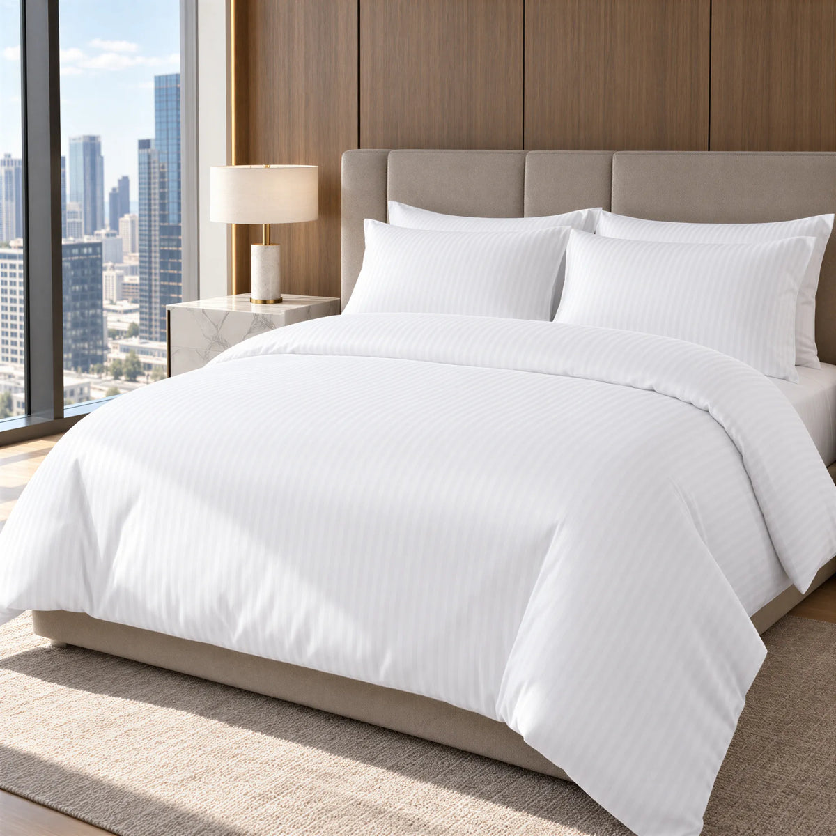 Bettbezug Mako-Satin weiß mit Feinstreifen – bezogenes Bett im Schlafzimmer