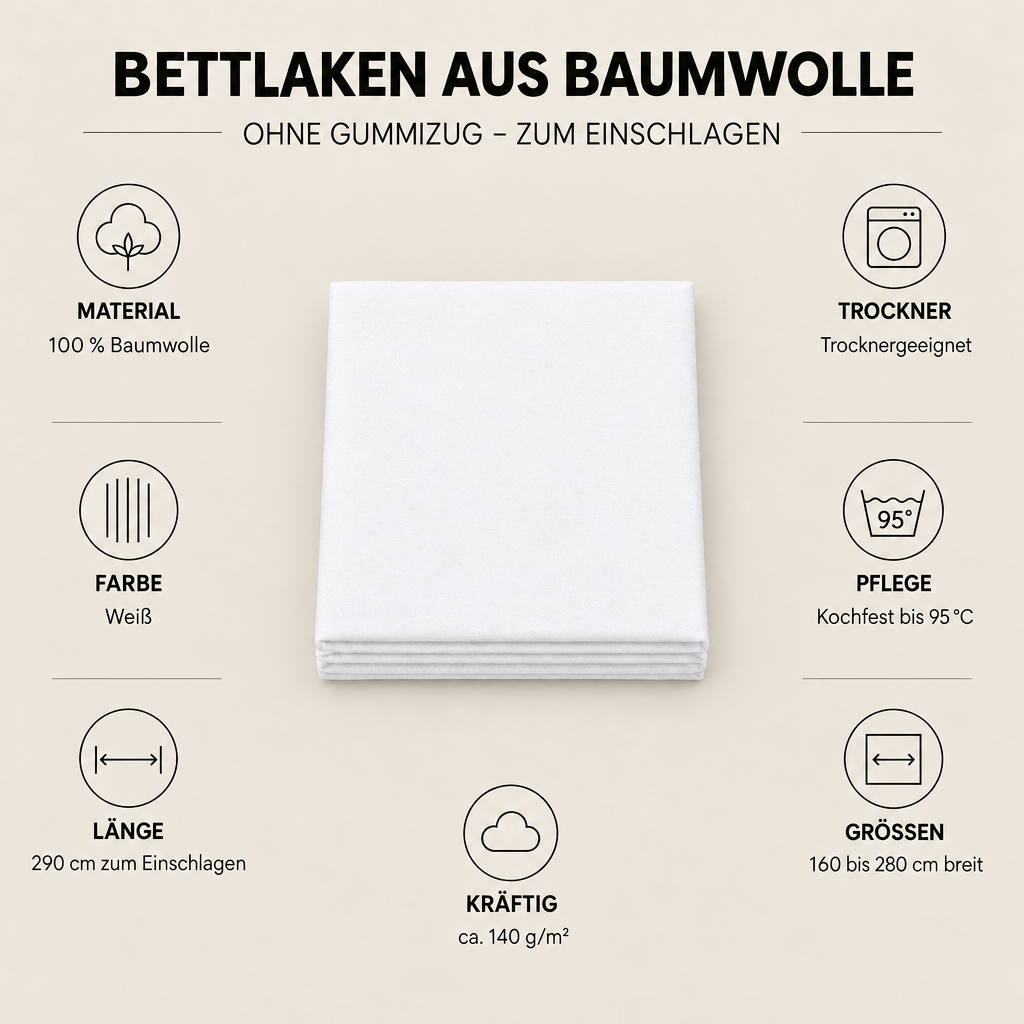 Infografik: Bettlaken weiß aus Baumwolle – trocknergeeignet, kochfest, 140 g/m²