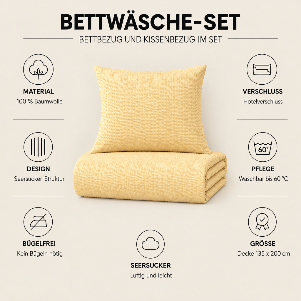 Bettwäsche-Set Seersucker sonnengelb – Material, Hotelverschluss und Pflege im Überblick