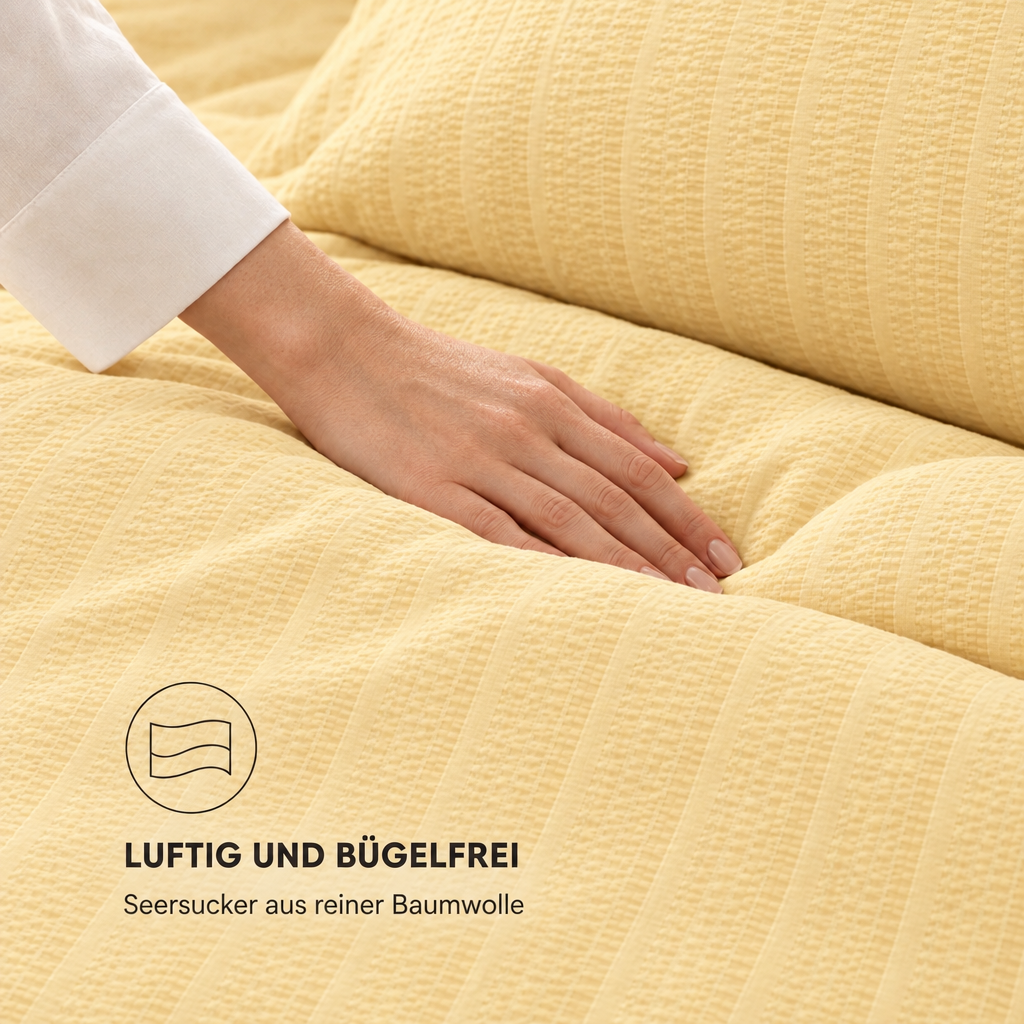 Bettwäsche-Set Seersucker sonnengelb – Hand auf der Bettdecke zeigt die Seersucker-Struktur