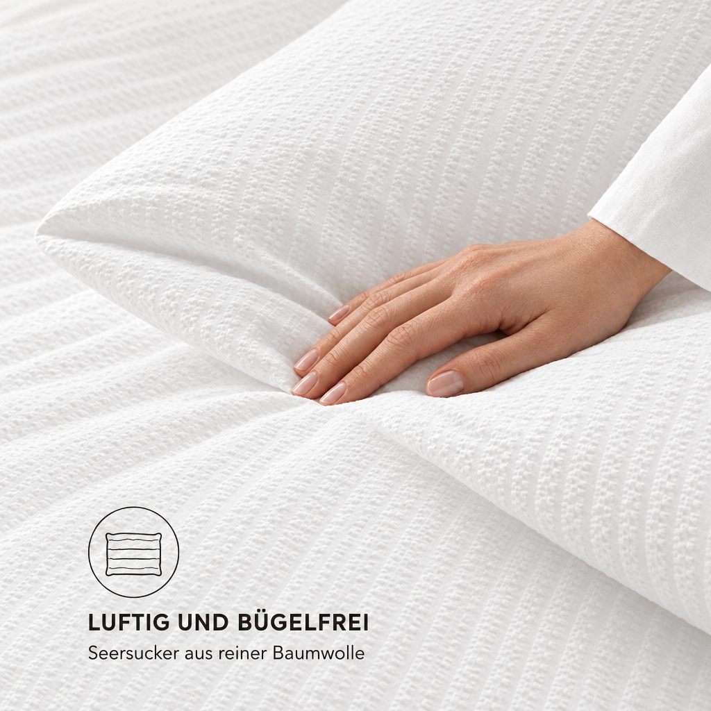 Bettwäsche-Set Seersucker weiß – Hand auf der Bettdecke zeigt die Seersucker-Struktur