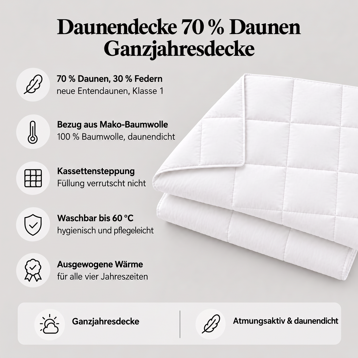 Eigenschaften der Daunendecke 70 % Daunen