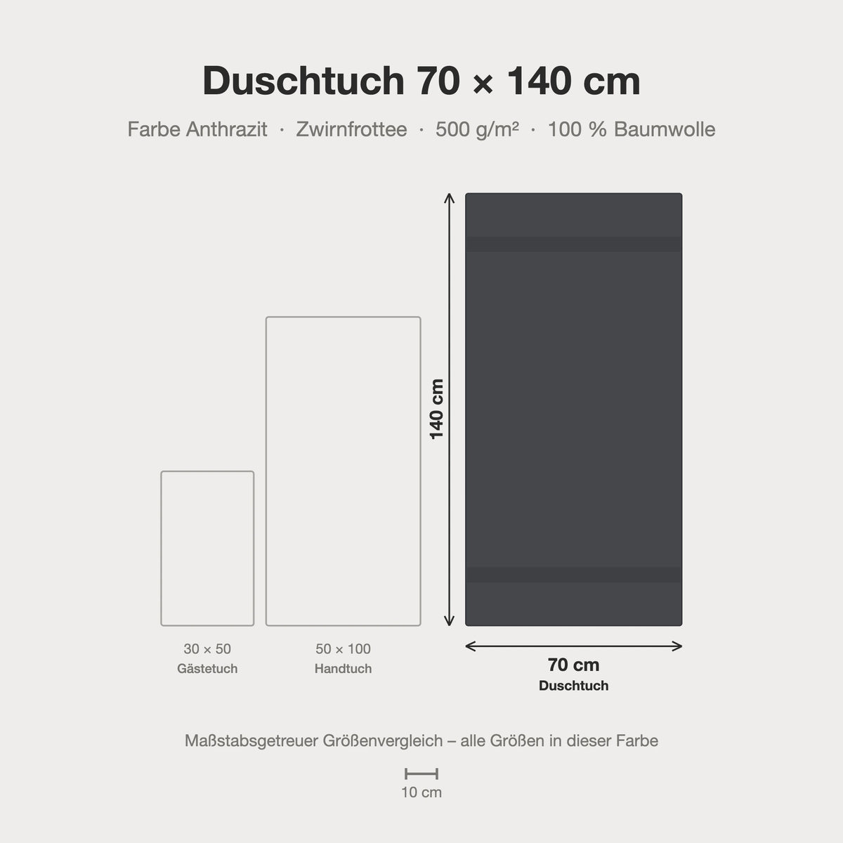 Größenvergleich: Duschtuch 70 x 140 cm in anthrazit dunkelgrau – maßstabsgetreue Infografik