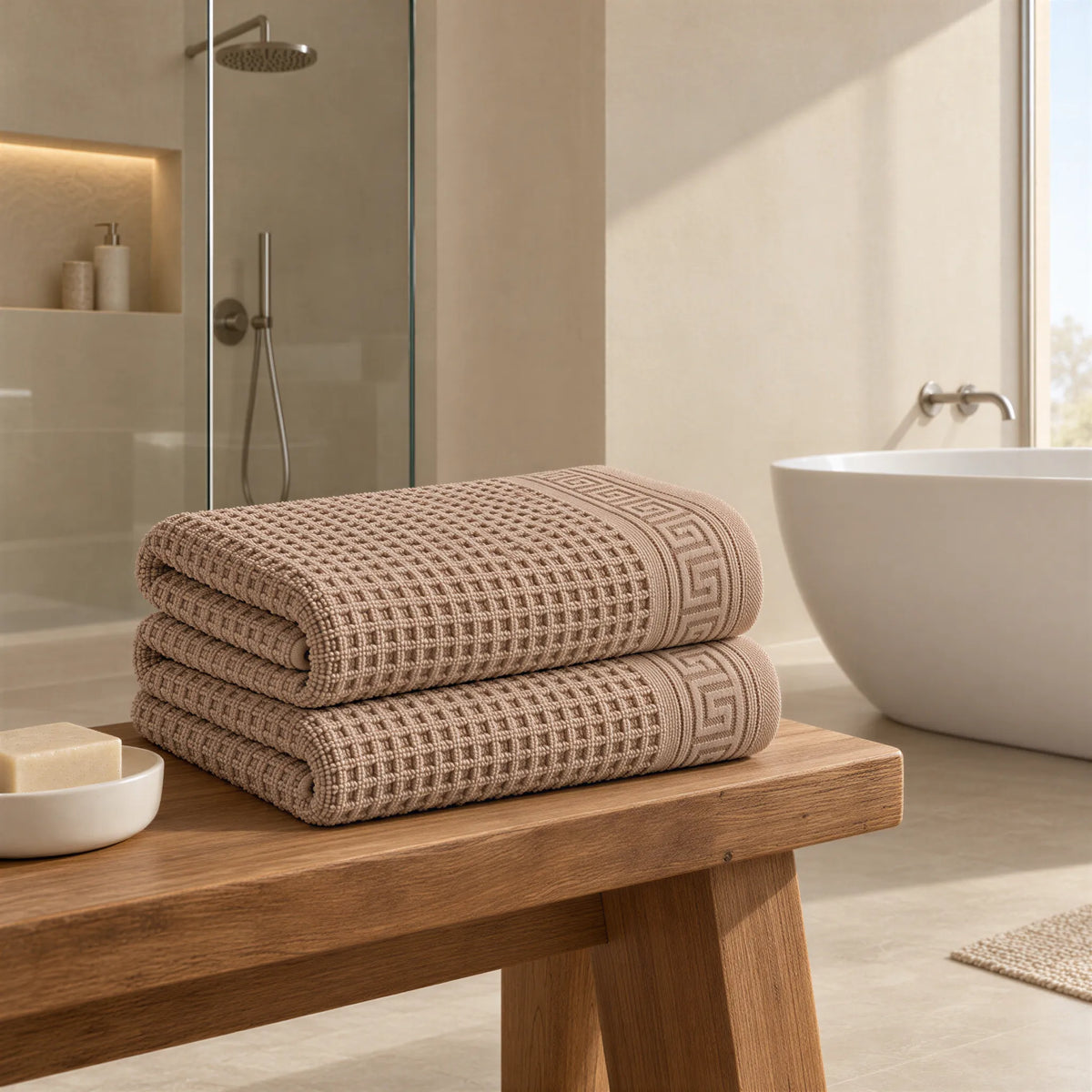 Duschtuch cappuccino braun aus Zwirnfrottee im hellen Badezimmer
