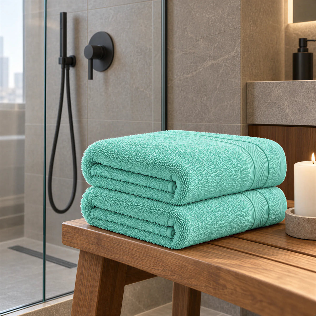 Duschtuch Mint aus Walkfrottee im hellen Badezimmer