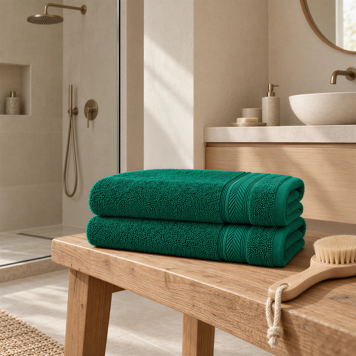 Duschtuch Smaragd aus Walkfrottee im hellen Badezimmer