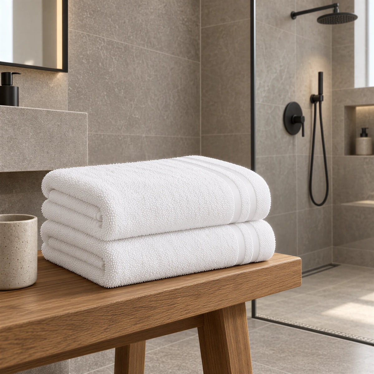 Duschtuch weiß im hellen Badezimmer