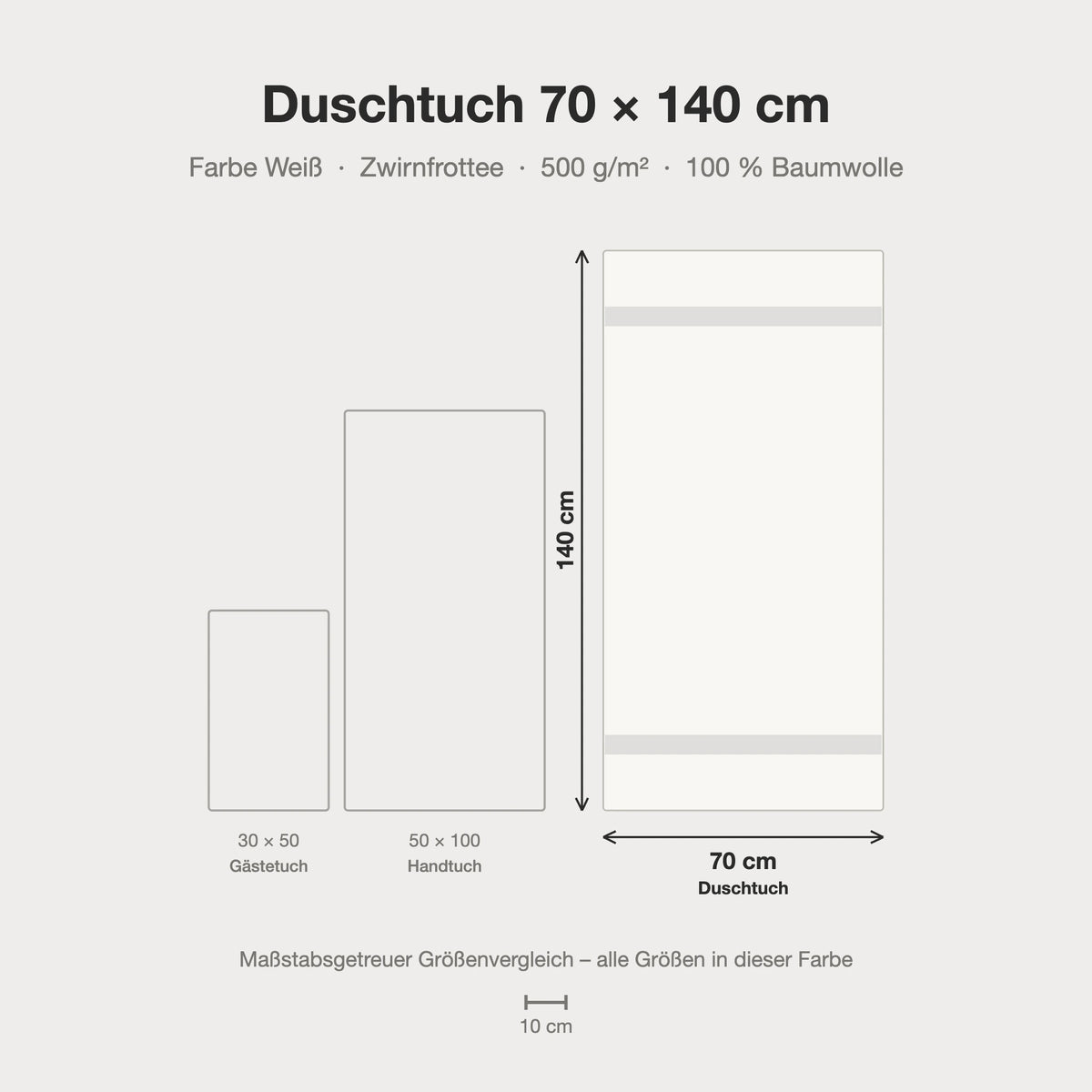 Größenvergleich: Duschtuch 70 x 140 cm in weiß – maßstabsgetreue Infografik