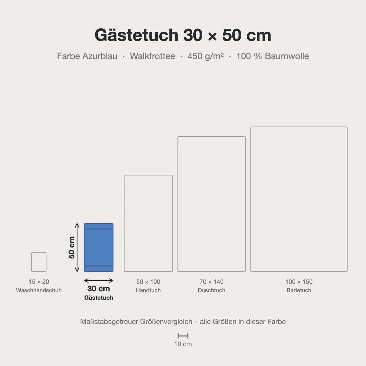 Größenvergleich: Gästetuch 30 x 50 cm in Azurblau – maßstabsgetreue Infografik