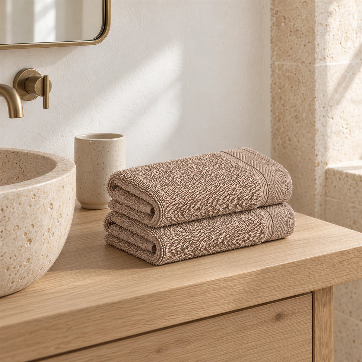 Gästetuch Cappuccino-Braun aus Walkfrottee im hellen Badezimmer