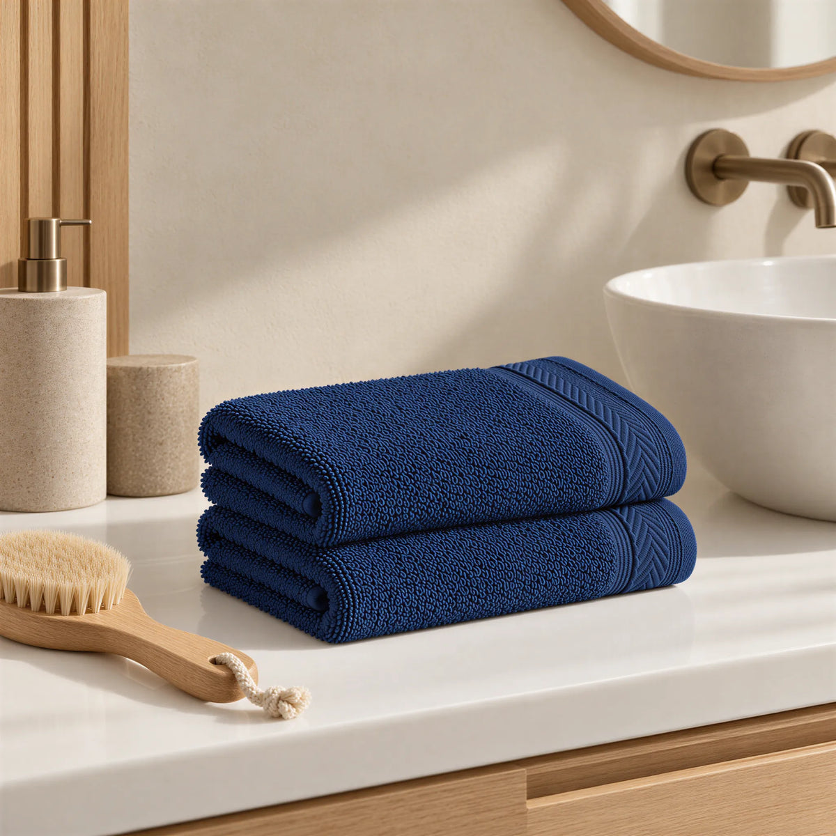 Gästetuch Navy aus Walkfrottee im hellen Badezimmer