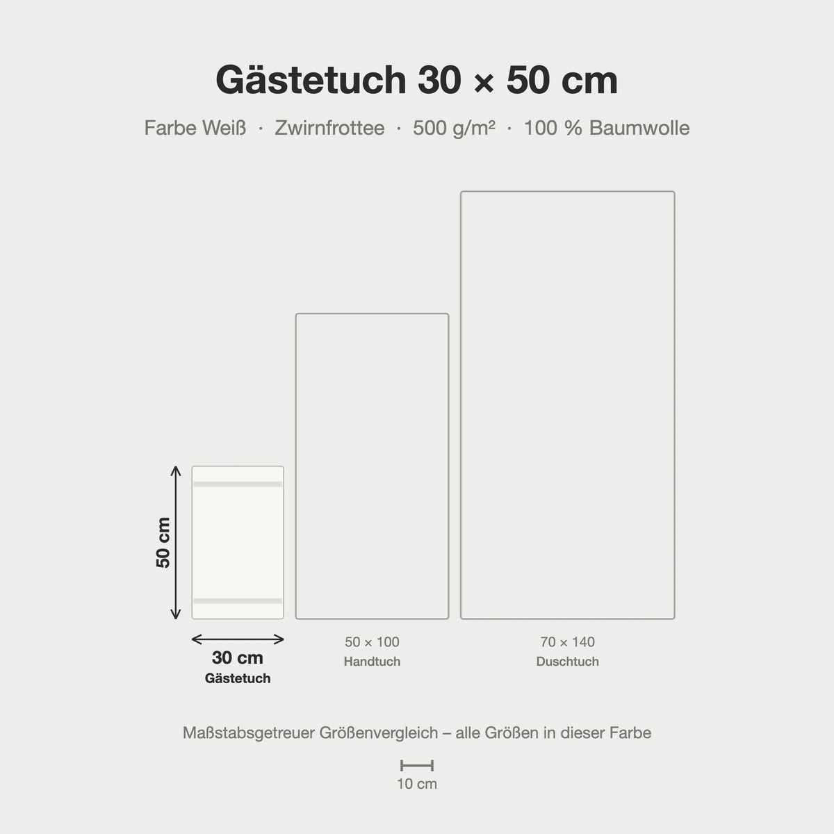 Größenvergleich: Gästetuch 30 x 50 cm in weiß – maßstabsgetreue Infografik