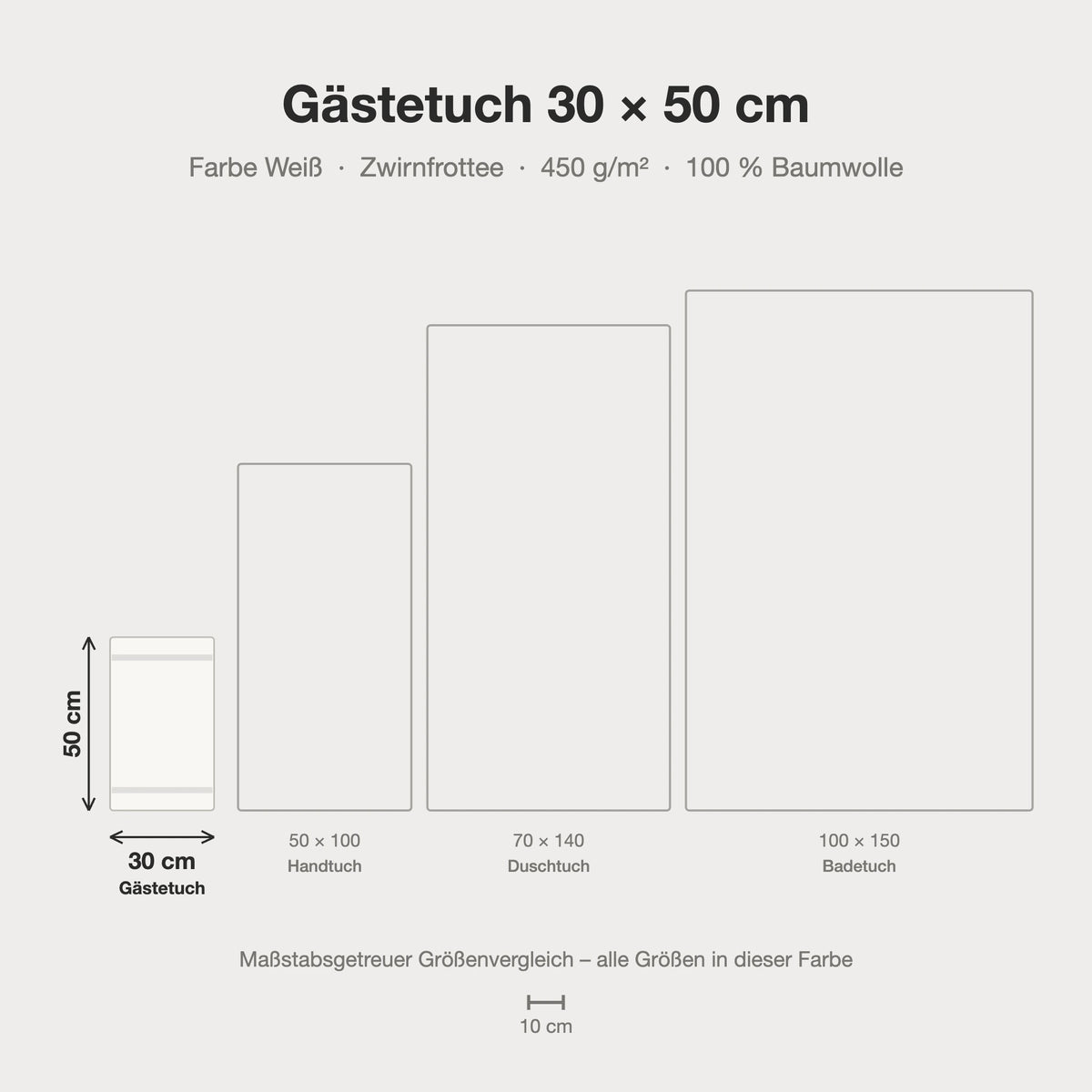 Größenvergleich: Gästetuch 30 x 50 cm in weiß – maßstabsgetreue Infografik