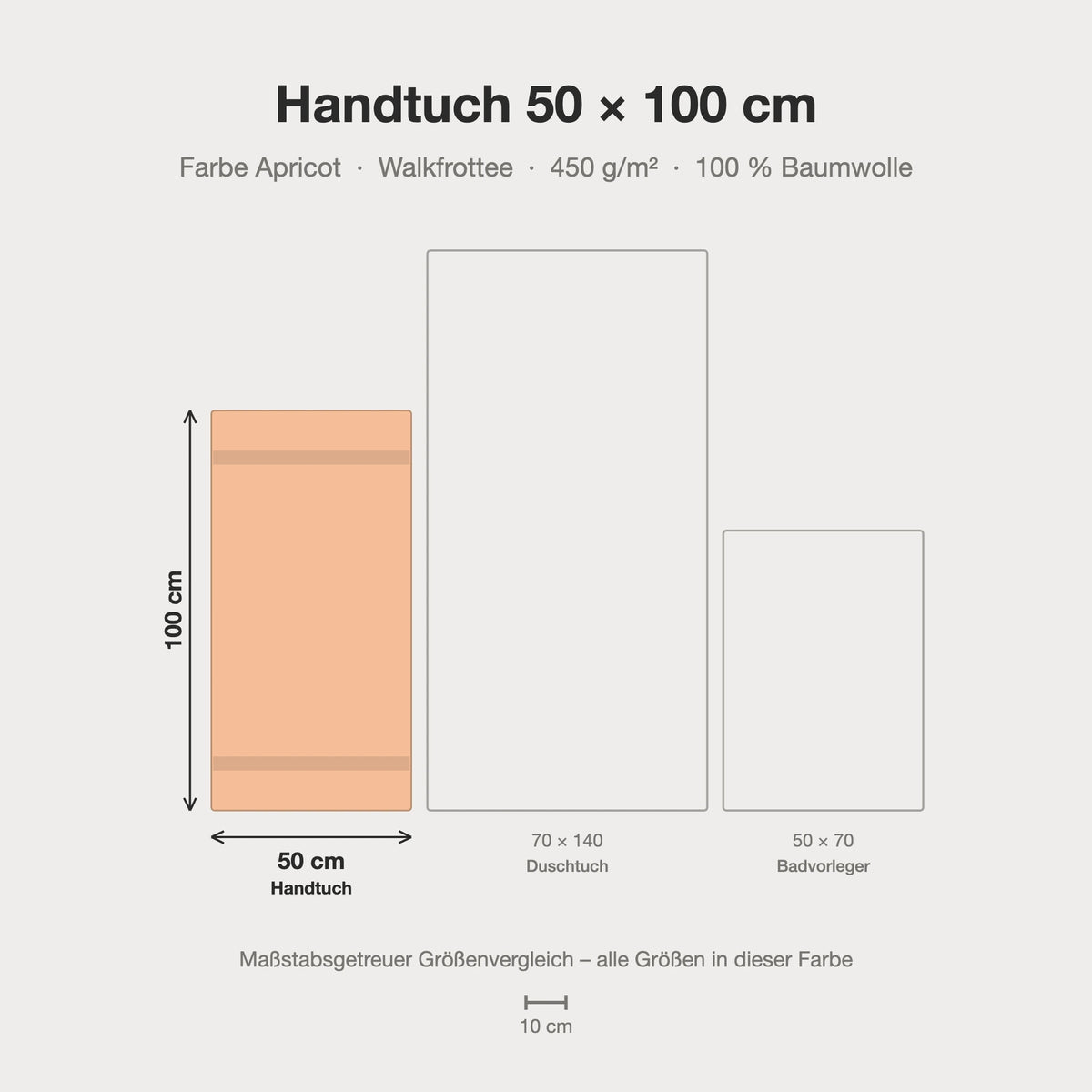 Größenvergleich: Handtuch 50 x 100 cm in Apricot – maßstabsgetreue Infografik