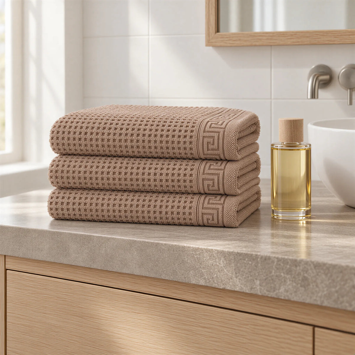 Handtuch cappuccino braun aus Zwirnfrottee im hellen Badezimmer
