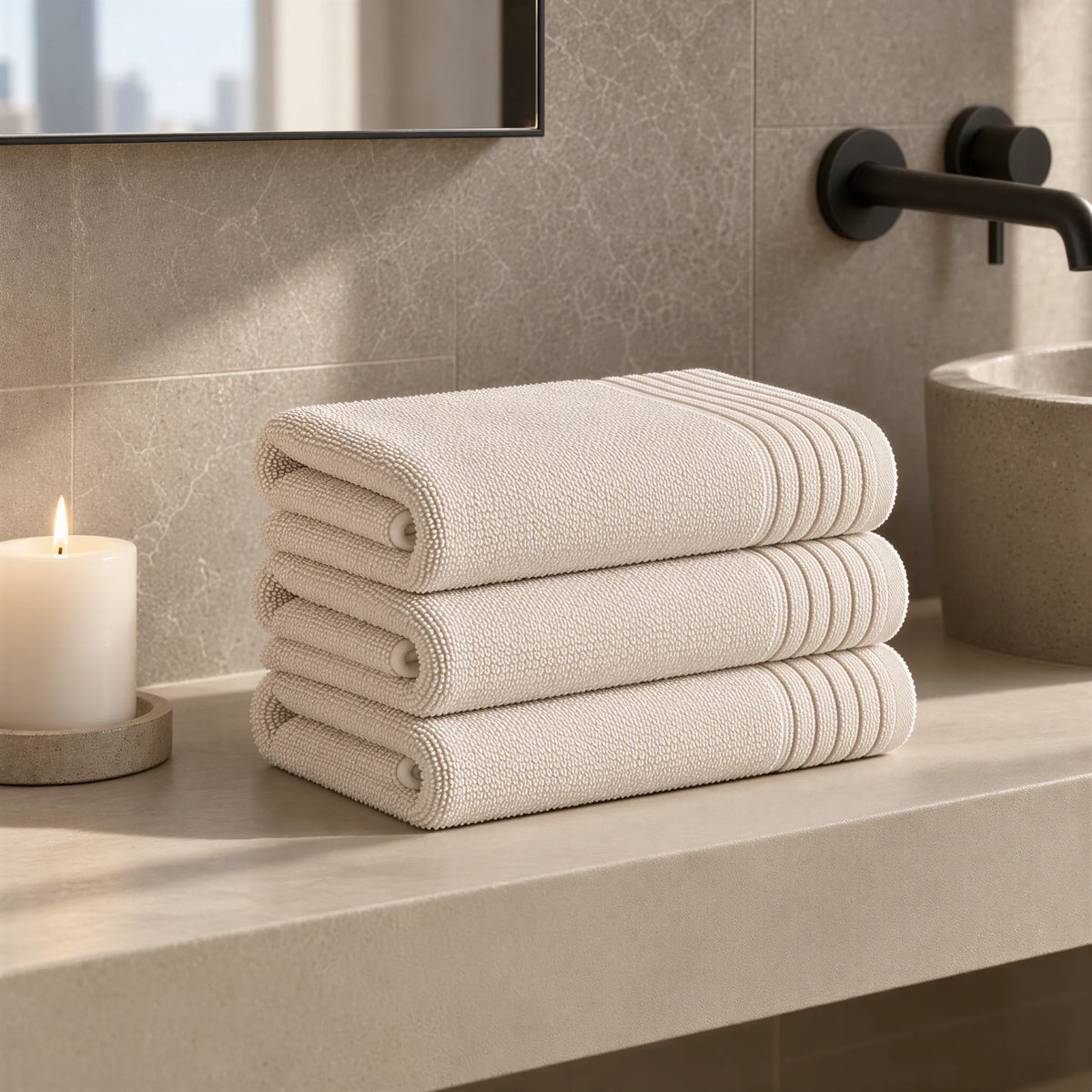 Handtuch creme beige aus Zwirnfrottee im hellen Badezimmer