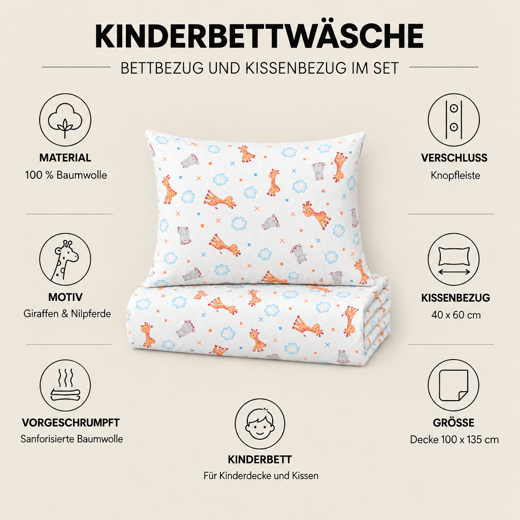 Kinderbettwäsche Giraffe & Nilpferd creme – Material, Knopfleiste und Größen im Überblick