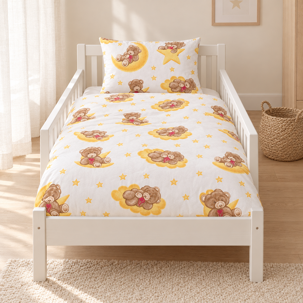 Kinderbettwäsche Teddybär gold – gemachtes Kinderbett im hellen Kinderzimmer
