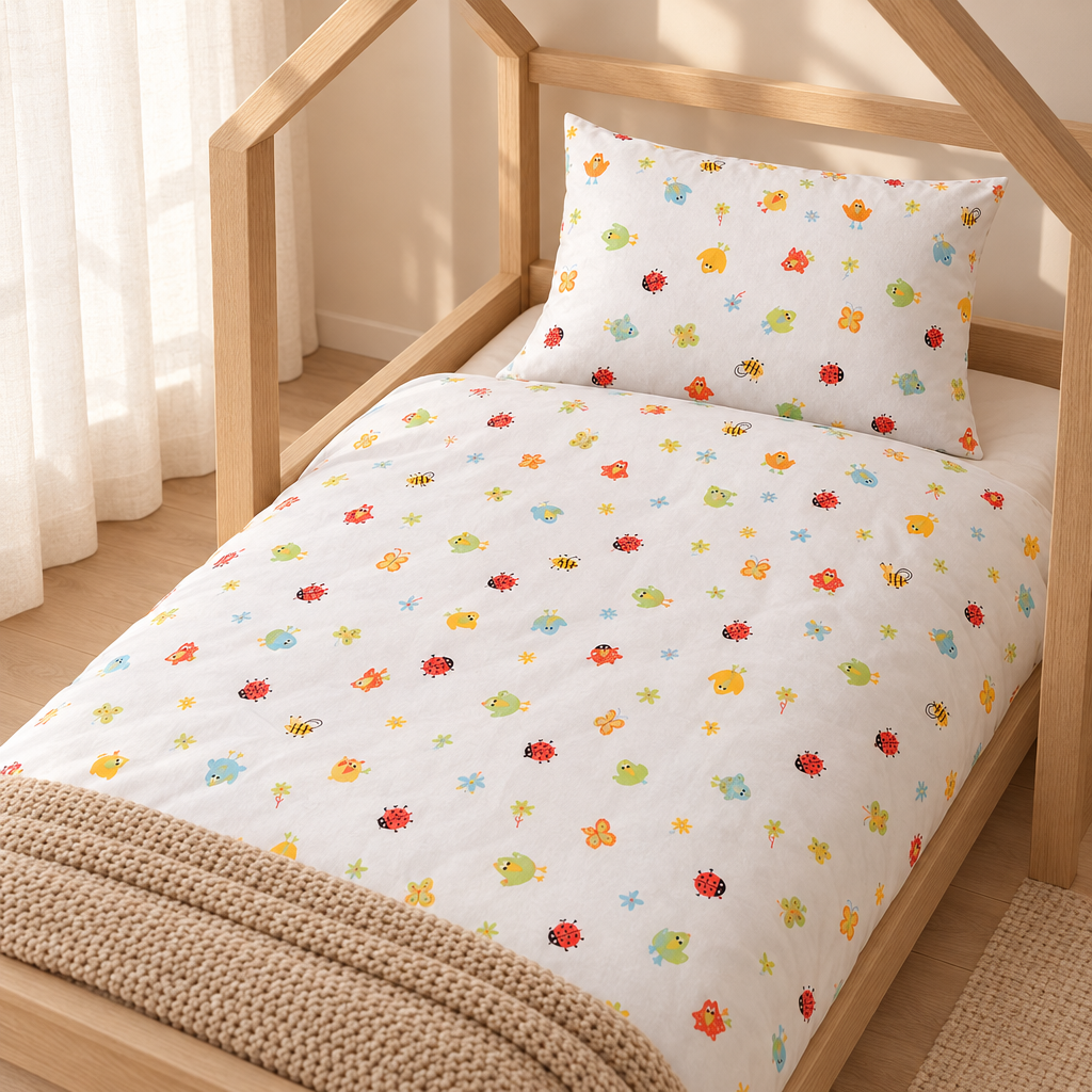 Kinderbettwäsche Wiesentiere bunt – gemachtes Kinderbett im hellen Kinderzimmer