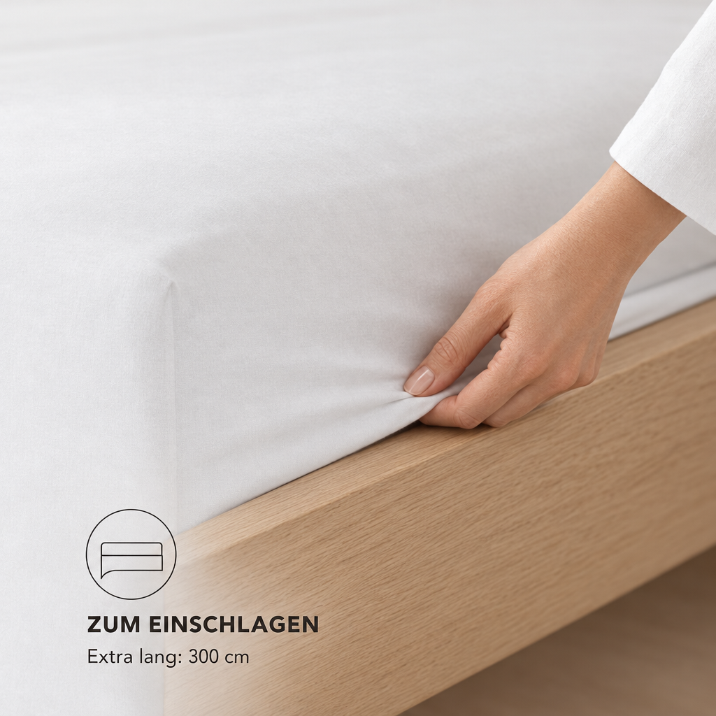 Hand schlägt das weiße Perkal-Bettlaken unter die Matratze ein