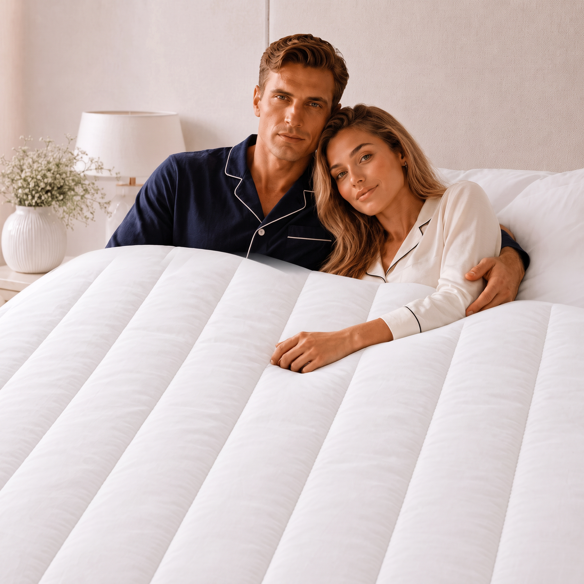 Paar im Bett unter der leichten PrimaLoft® Bettdecke