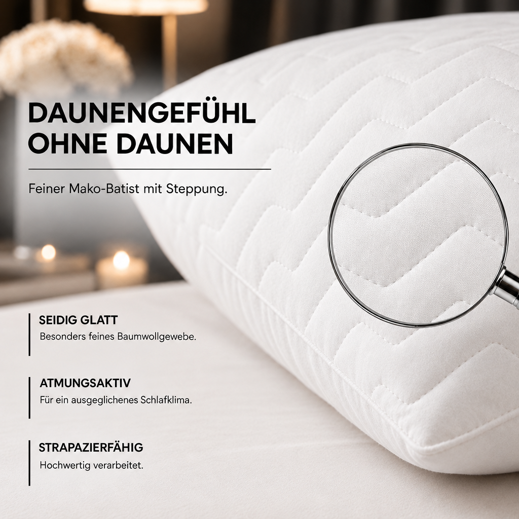 PrimaLoft® Kopfkissen mit Mako-Batist-Bezug – Detailansicht mit Lupe