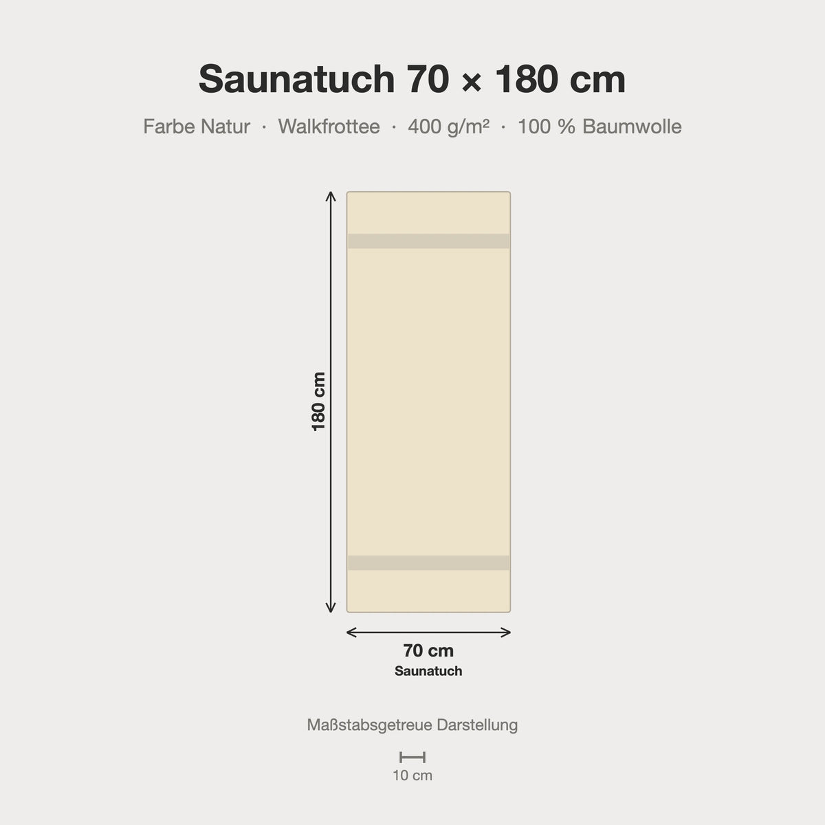 Maßstabsgetreue Größen-Infografik: Saunatuch 70 x 180 cm in natur