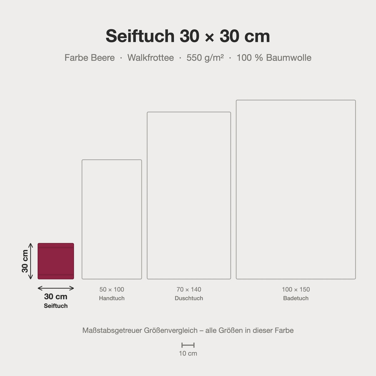 Maßstabsgetreue Größen-Infografik: Seiftuch 30 x 30 cm in beere