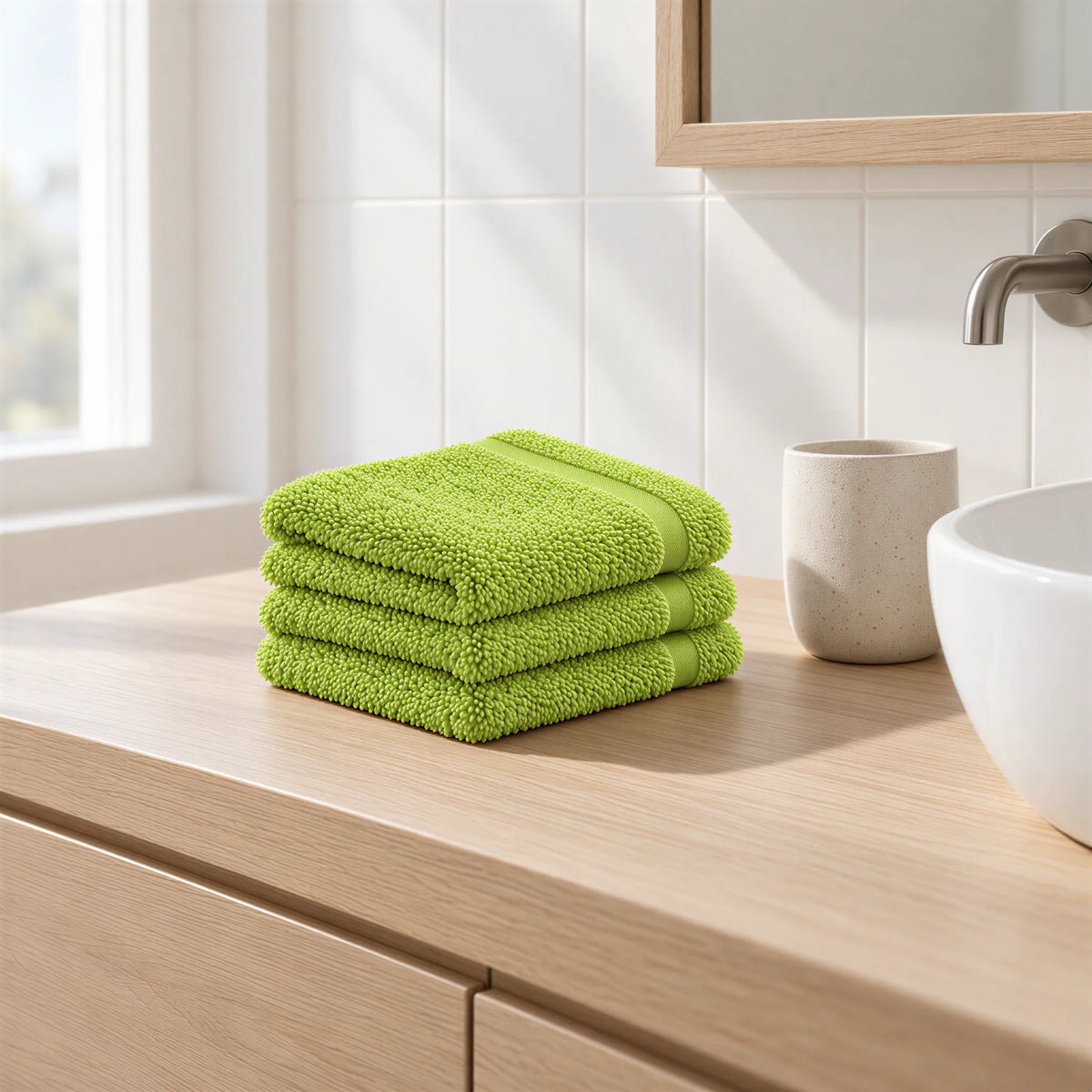 Seiftuch kiwigrün im hellen Badezimmer